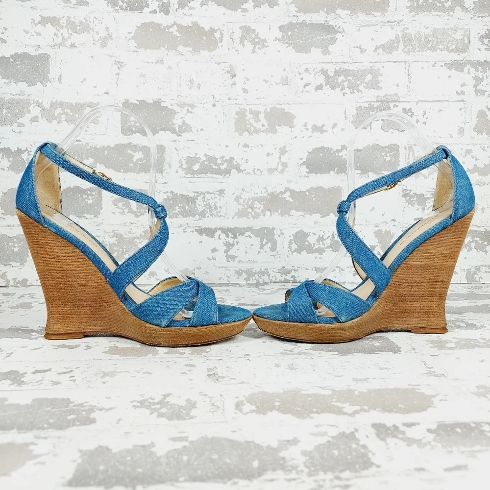 Alexandre Birman Denim Fabric Wedge Slip On Buckle Ankle Strap Sandals O135
